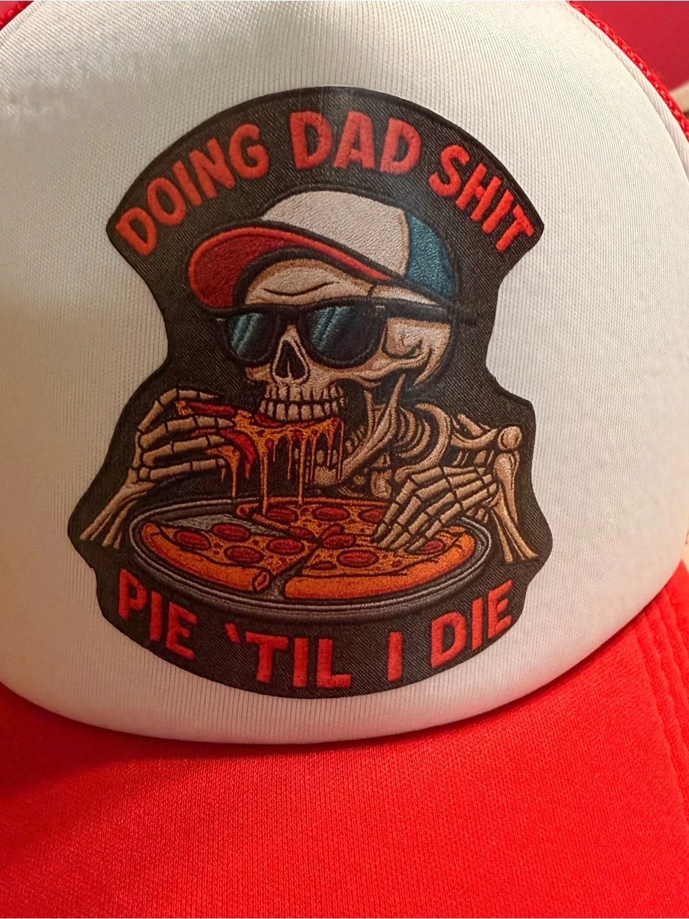 Red and White Trucker Hat with Skull Pizza Graphic
